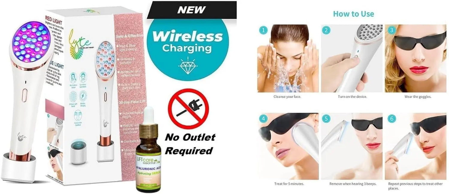 Lyte Wireless 2.0 Duo Red & Blue LED Light Therapy for Face Includes Hyaluronic Serum Automatic Red and Blue LED Light Therapy Wrinkle Reduction Device