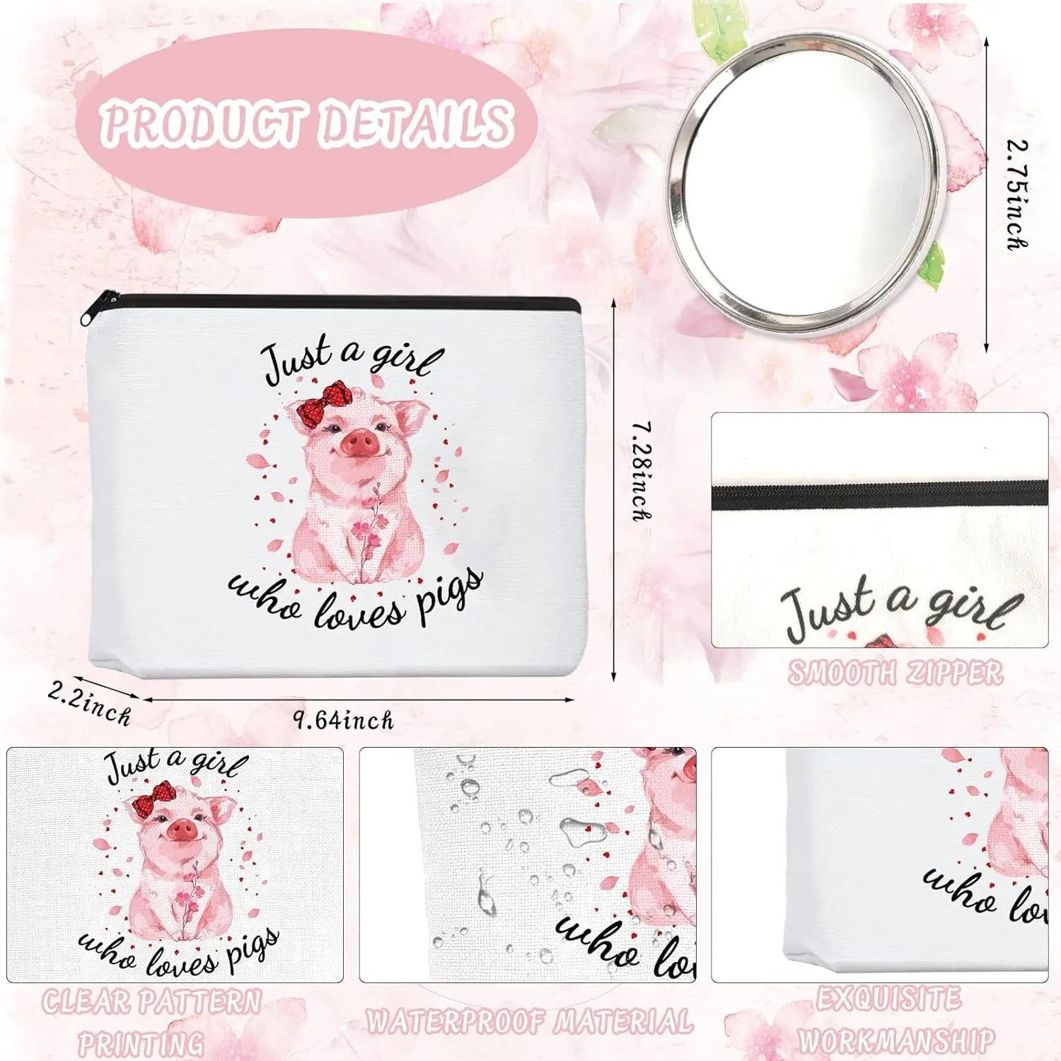 Pig Gifts for Pig Lovers, Travel Cosmetic Bags Portable Makeup Zipper Pouch, Cute Pig Socks, Pigs Writing Gel Ink Pen & Mini round Mirror, Christmas, Thanksgiving, Birthday Gifts for Girls Women