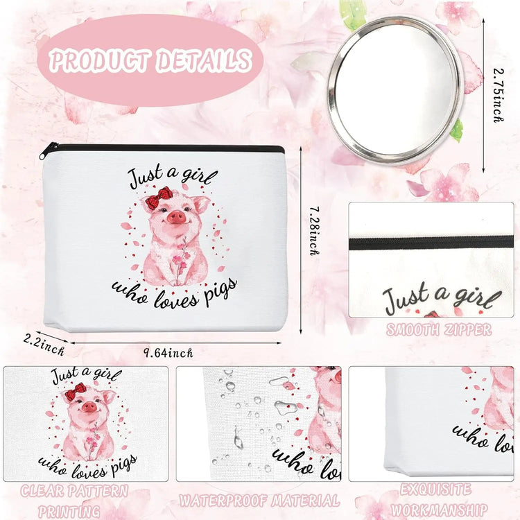 Pig Gifts for Pig Lovers, Travel Cosmetic Bags Portable Makeup Zipper Pouch, Cute Pig Socks, Pigs Writing Gel Ink Pen & Mini round Mirror, Christmas, Thanksgiving, Birthday Gifts for Girls Women