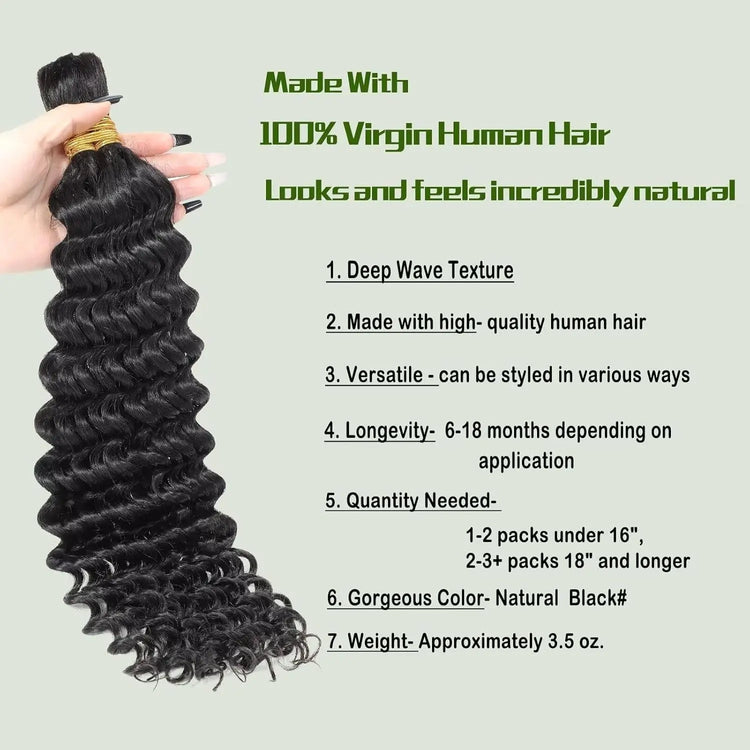 Human Braiding Hair 100G 24 Inch Bulk Deep Wave Human Hair for Braiding Boho Braids Human Hair for Bohemian Knotless Braids Micro Braiding Hair No Weft Human Hair Extensions Natural Black