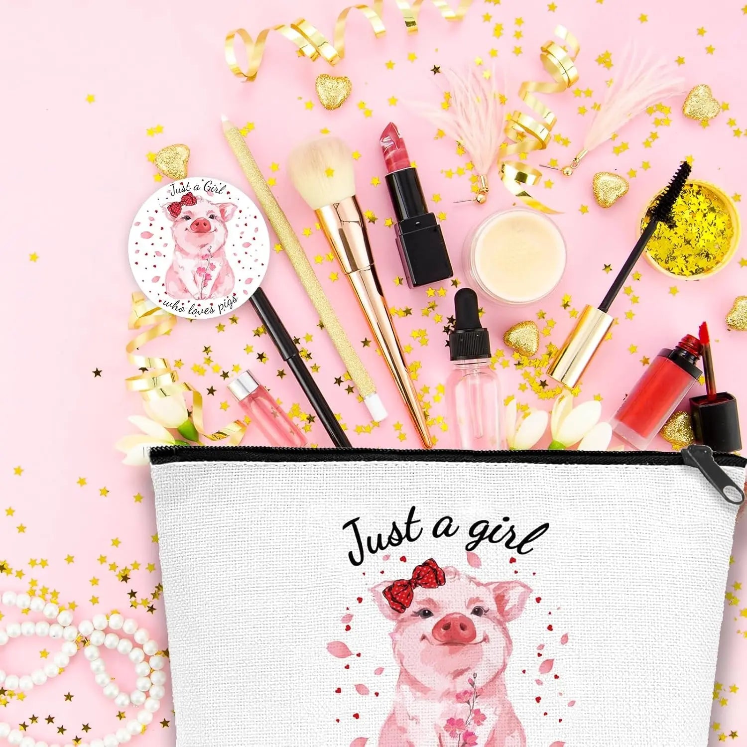 Pig Gifts for Pig Lovers, Travel Cosmetic Bags Portable Makeup Zipper Pouch, Cute Pig Socks, Pigs Writing Gel Ink Pen & Mini round Mirror, Christmas, Thanksgiving, Birthday Gifts for Girls Women
