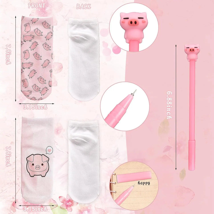 Pig Gifts for Pig Lovers, Travel Cosmetic Bags Portable Makeup Zipper Pouch, Cute Pig Socks, Pigs Writing Gel Ink Pen & Mini round Mirror, Christmas, Thanksgiving, Birthday Gifts for Girls Women