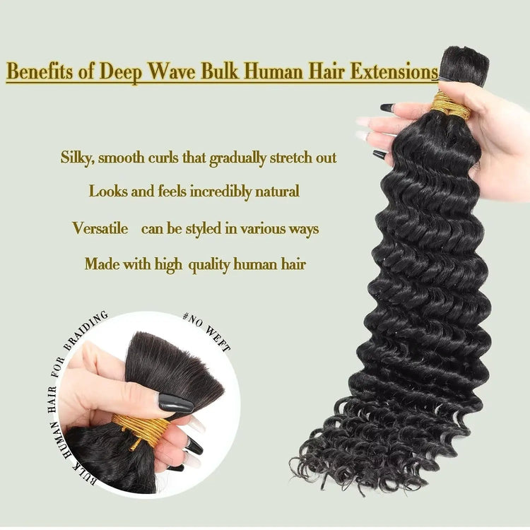 Human Braiding Hair 100G 24 Inch Bulk Deep Wave Human Hair for Braiding Boho Braids Human Hair for Bohemian Knotless Braids Micro Braiding Hair No Weft Human Hair Extensions Natural Black