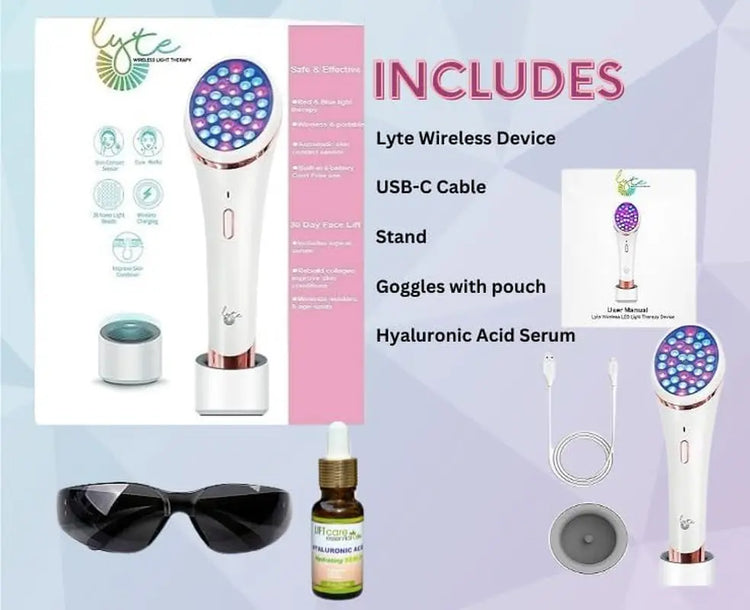 Lyte Wireless 2.0 Duo Red & Blue LED Light Therapy for Face Includes Hyaluronic Serum Automatic Red and Blue LED Light Therapy Wrinkle Reduction Device