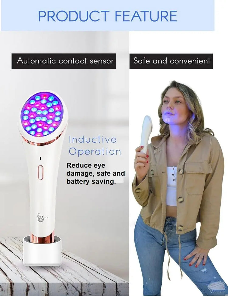 Lyte Wireless 2.0 Duo Red & Blue LED Light Therapy for Face Includes Hyaluronic Serum Automatic Red and Blue LED Light Therapy Wrinkle Reduction Device