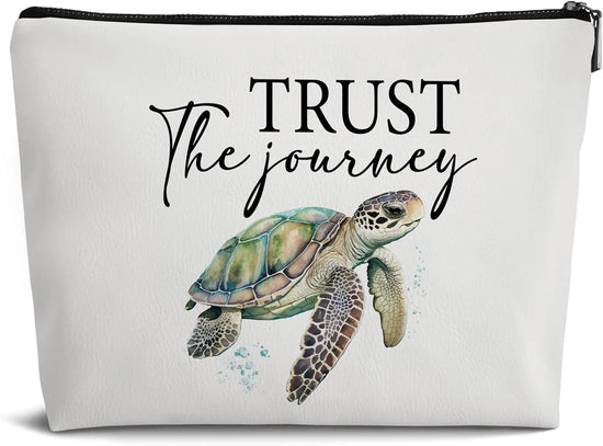 Sea Turtle Gifts for Women,Makeup Bag Gifts for Turtle Lovers,Trust the Journey Beach Leather Travel Makeup Pouch,Travel Organizer Pouch Small Makeup Bag for Purse