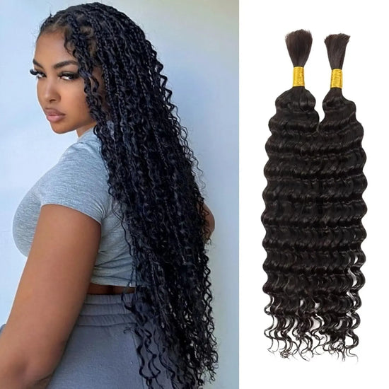 Human Braiding Hair 100G 24 Inch Bulk Deep Wave Human Hair for Braiding Boho Braids Human Hair for Bohemian Knotless Braids Micro Braiding Hair No Weft Human Hair Extensions Natural Black