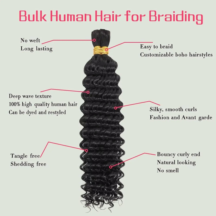 Human Braiding Hair 100G 24 Inch Bulk Deep Wave Human Hair for Braiding Boho Braids Human Hair for Bohemian Knotless Braids Micro Braiding Hair No Weft Human Hair Extensions Natural Black