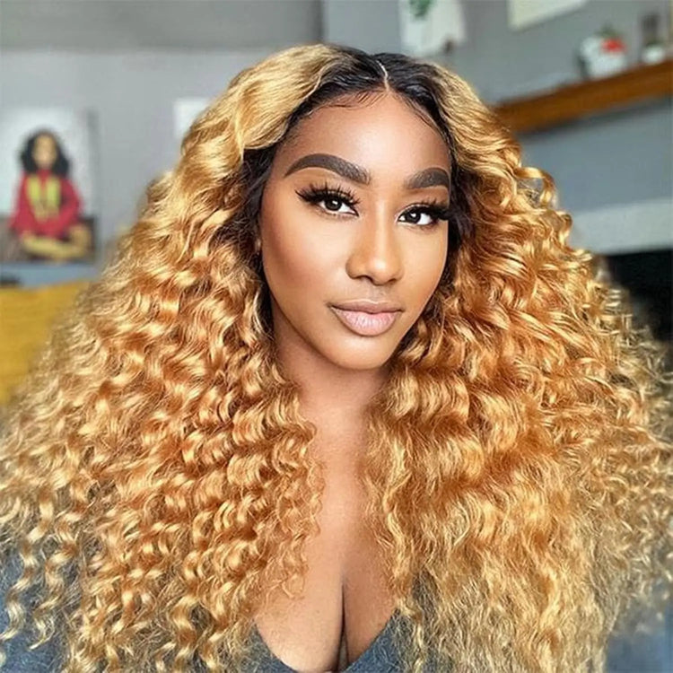 Omber Brown 27 Jerry Curly Lace Front Wigs Human Hair Colored Lace Frontal Wig for Women 4X4 HD Lace Blonde Curly Wig Human Hair Pre Plucked with Baby Hair 200% Density