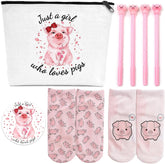 Pig Gifts for Pig Lovers, Travel Cosmetic Bags Portable Makeup Zipper Pouch, Cute Pig Socks, Pigs Writing Gel Ink Pen & Mini round Mirror, Christmas, Thanksgiving, Birthday Gifts for Girls Women