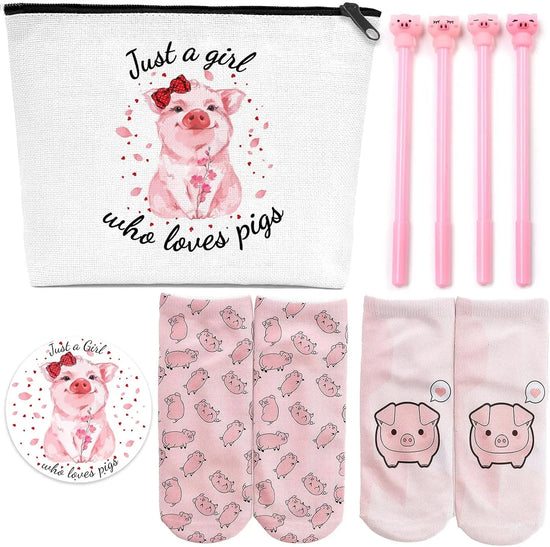 Pig Gifts for Pig Lovers, Travel Cosmetic Bags Portable Makeup Zipper Pouch, Cute Pig Socks, Pigs Writing Gel Ink Pen & Mini round Mirror, Christmas, Thanksgiving, Birthday Gifts for Girls Women